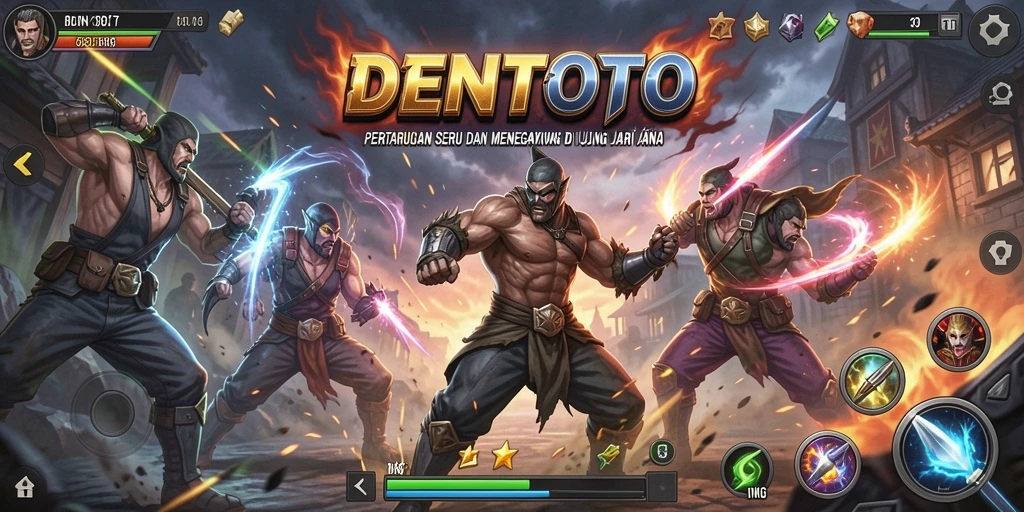 Gameplay DENTOTO menampilkan pertarungan seru dengan karakter beragam.