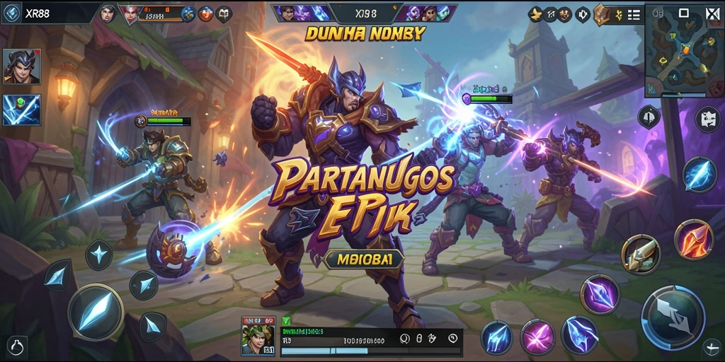 Gameplay seru XR88 dengan tim bertarung di arena MOBA.